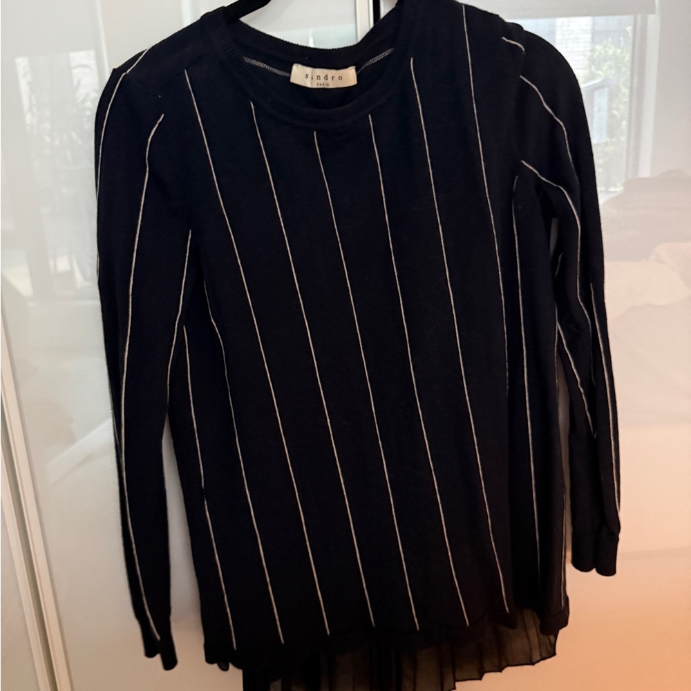 Sandro Navy Knit Crewneck with White Pinstripes